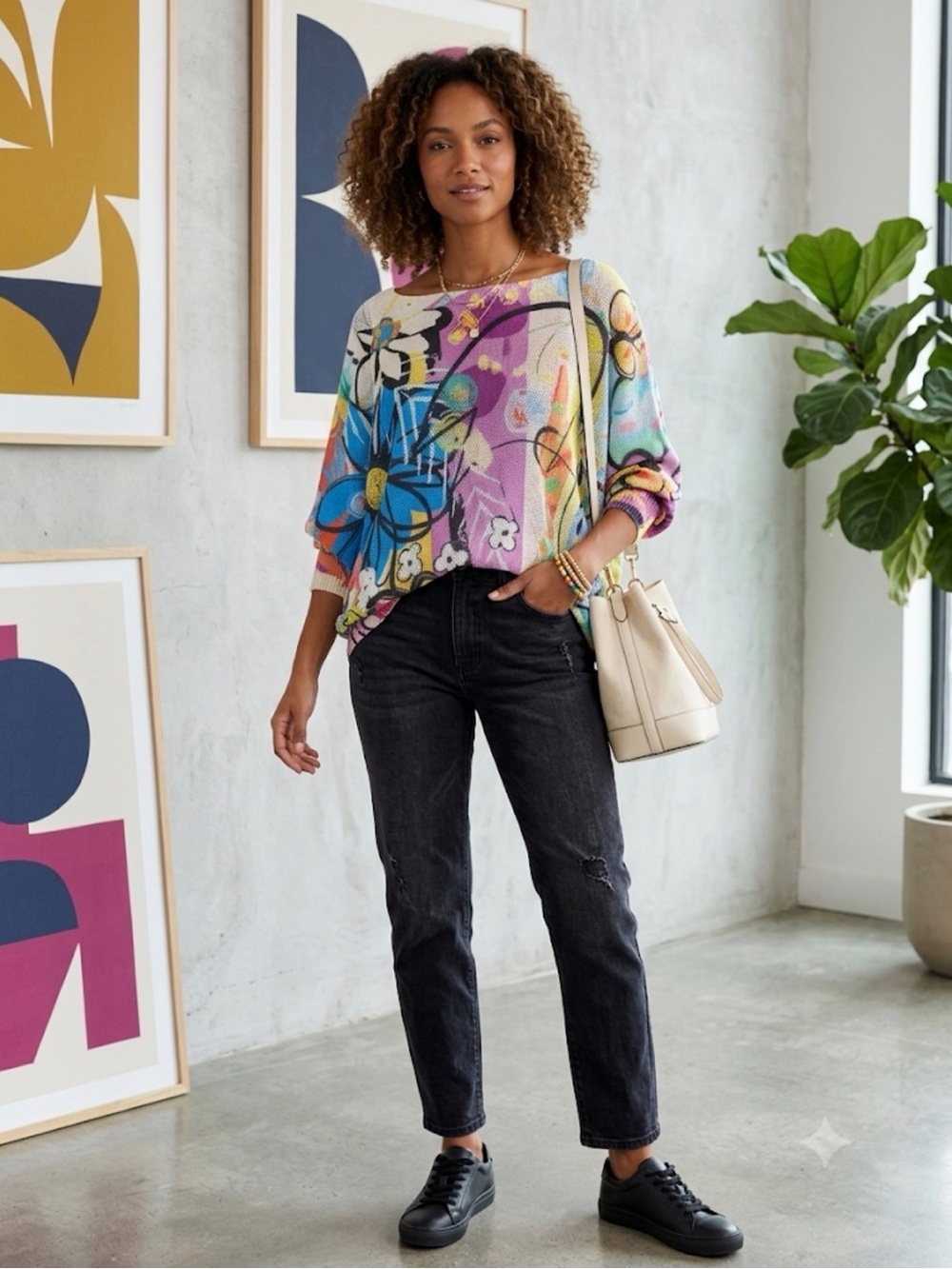 Gigi Moda Floral Graffiti Groovy Artsy mesh boxy knit sweater large
